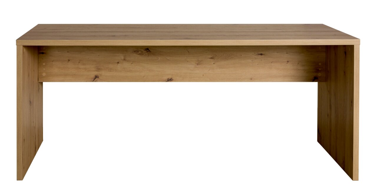Moderner Schreibtisch aus Holz in Frontansicht, schlichtes Design mit natürlicher Holzmaserung.