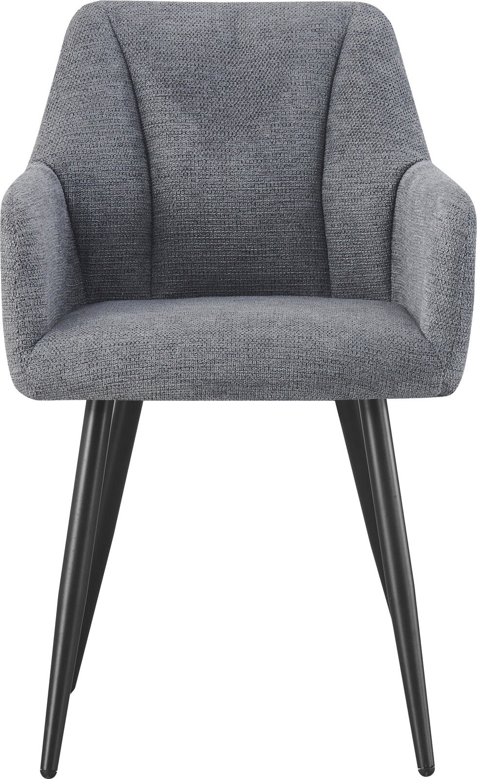 Gepolsterter Sessel in Grau mit strukturierter Stoffpolsterung, abgerundeten Armlehnen und schwarzen, schräg stehenden Beinen, Frontansicht