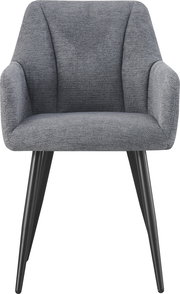 Gepolsterter Sessel in Grau mit strukturierter Stoffpolsterung, abgerundeten Armlehnen und schwarzen, schräg stehenden Beinen, Frontansicht