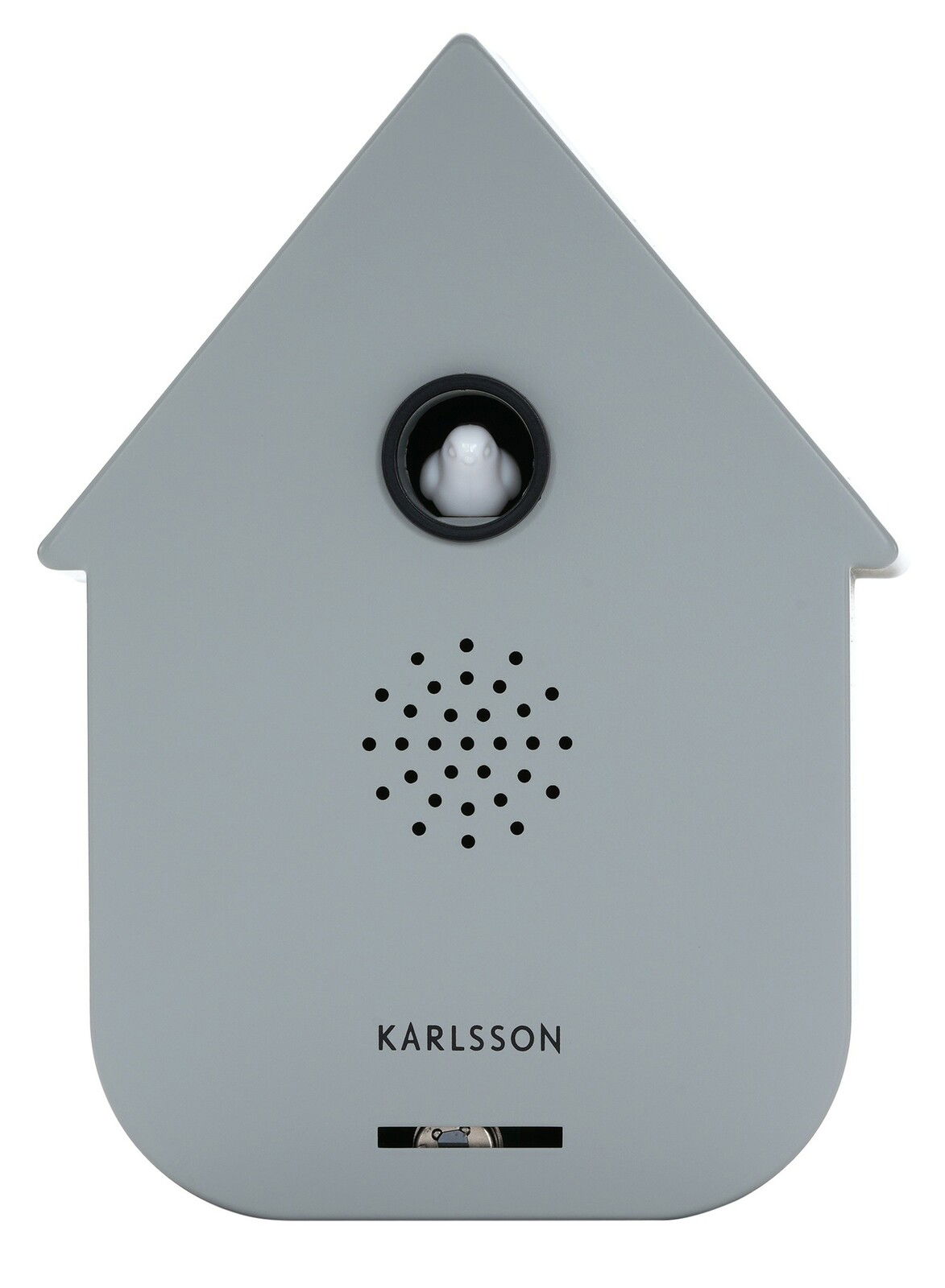Graue moderne Soundbox in Form eines Hauses mit einem kleinen weißen Vogel in der Mitte, Vorderansicht