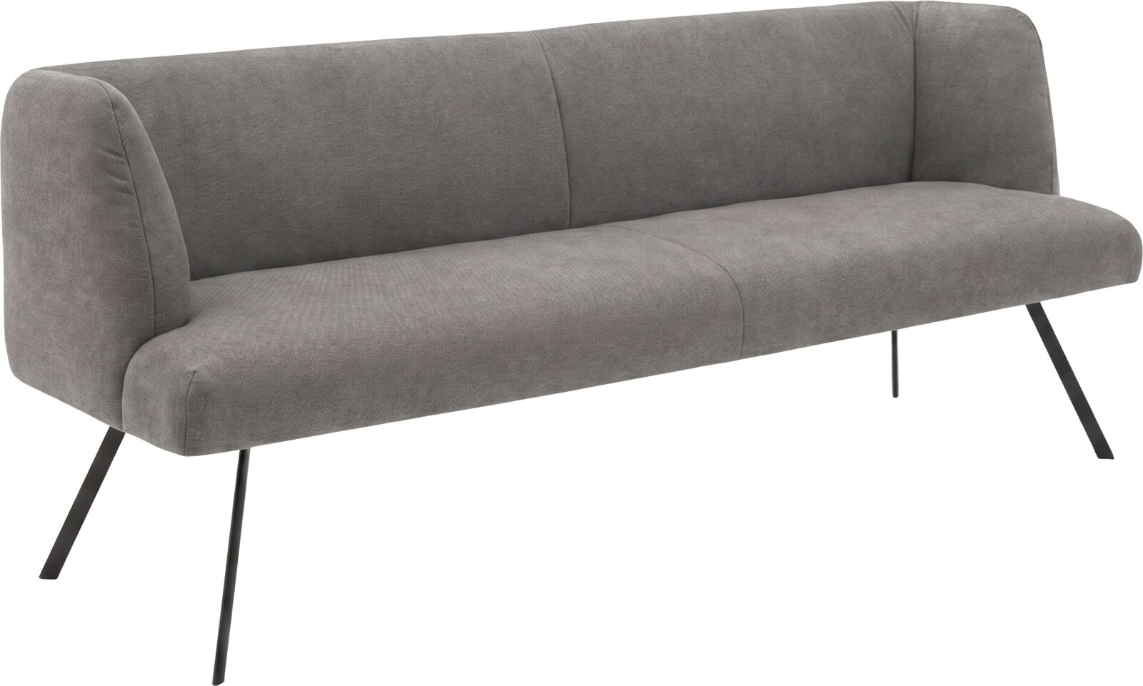 Graues, modernes 3-Sitzer-Sofa mit Stoffbezug, abgerundeten Armlehnen und schwarzen schrägen Metallbeinen, gezeigt in schräger Vorderansicht (Front/Seite) vor weißem Hintergrund