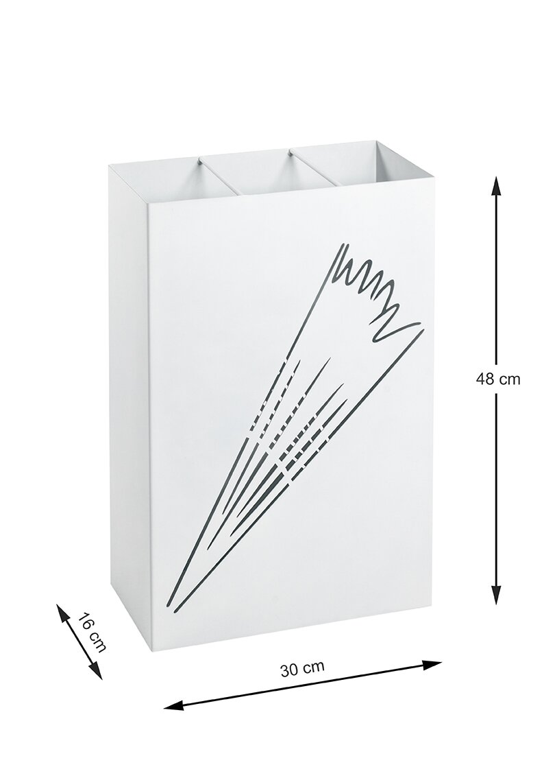 Weißer, rechteckiger Aufbewahrungsbehälter/Box mit schwarzer Liniengrafik (ähren-/grasähnliches Motiv) auf der Vorderseite, ca. 48 cm hoch, 30 cm breit und 16 cm tief, schräg von vorn links in leichter Aufsicht fotografiert.