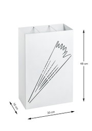 Weißer, rechteckiger Aufbewahrungsbehälter/Box mit schwarzer Liniengrafik (ähren-/grasähnliches Motiv) auf der Vorderseite, ca. 48 cm hoch, 30 cm breit und 16 cm tief, schräg von vorn links in leichter Aufsicht fotografiert.