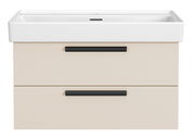 Frontansicht eines modernen Waschtisch-Sets mit zwei Schubladen und schwarzen Griffen.