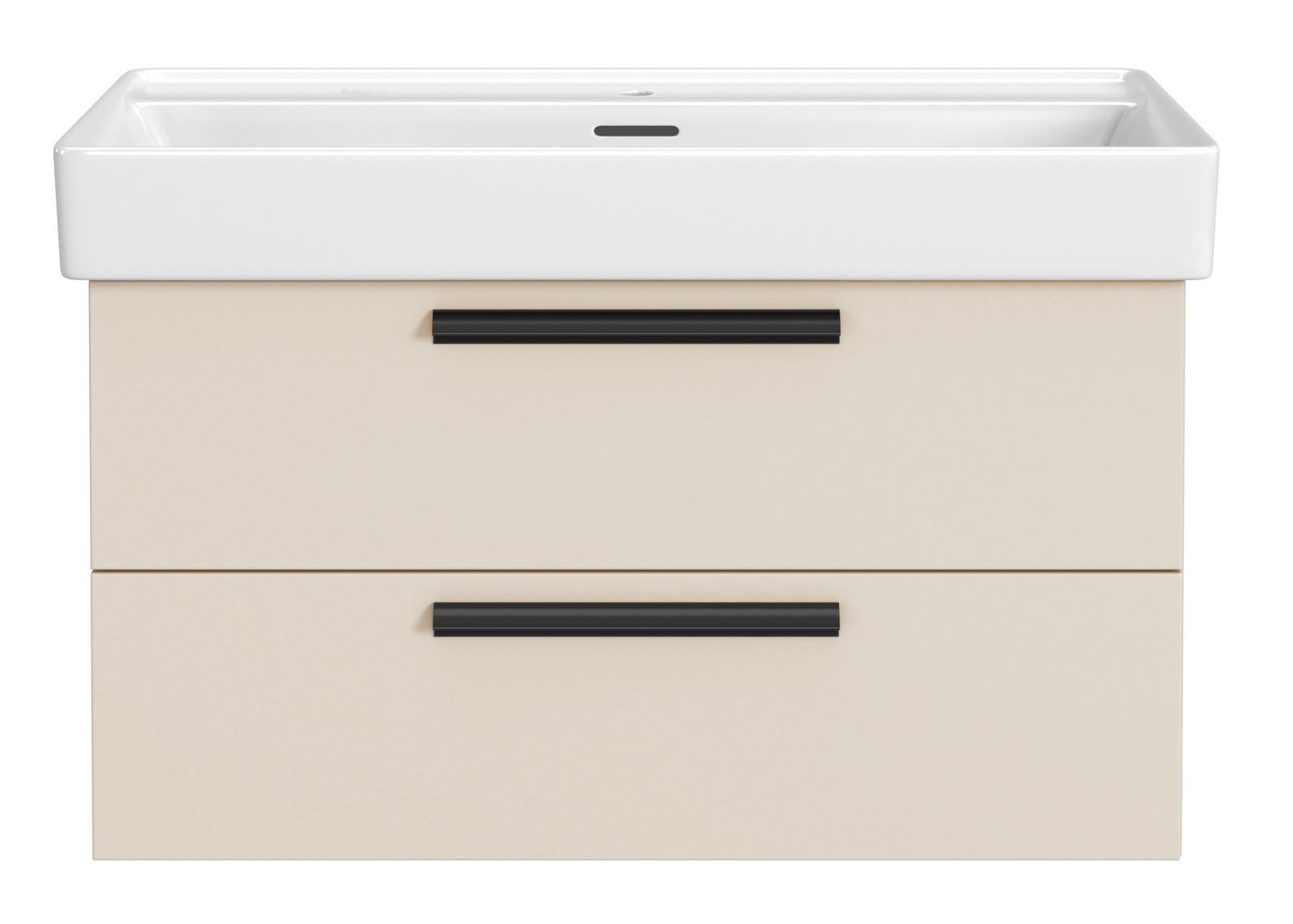 Frontansicht eines modernen Waschtisch-Sets mit zwei Schubladen und schwarzen Griffen.