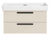 Frontansicht eines modernen Waschtisch-Sets mit zwei Schubladen und schwarzen Griffen.