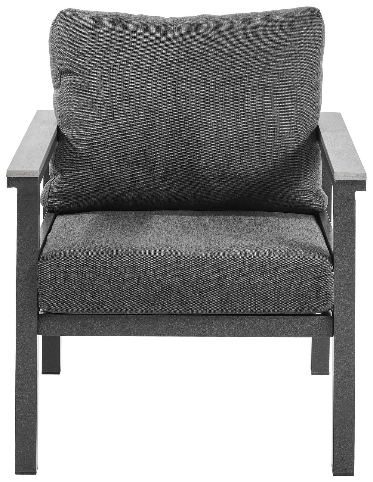 Grauer Sessel mit Metallrahmen, Vorderansicht
