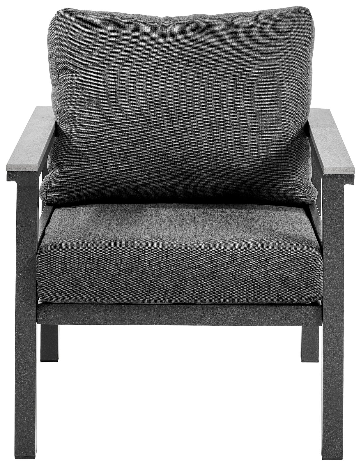 Grauer Sessel mit Metallrahmen, Vorderansicht