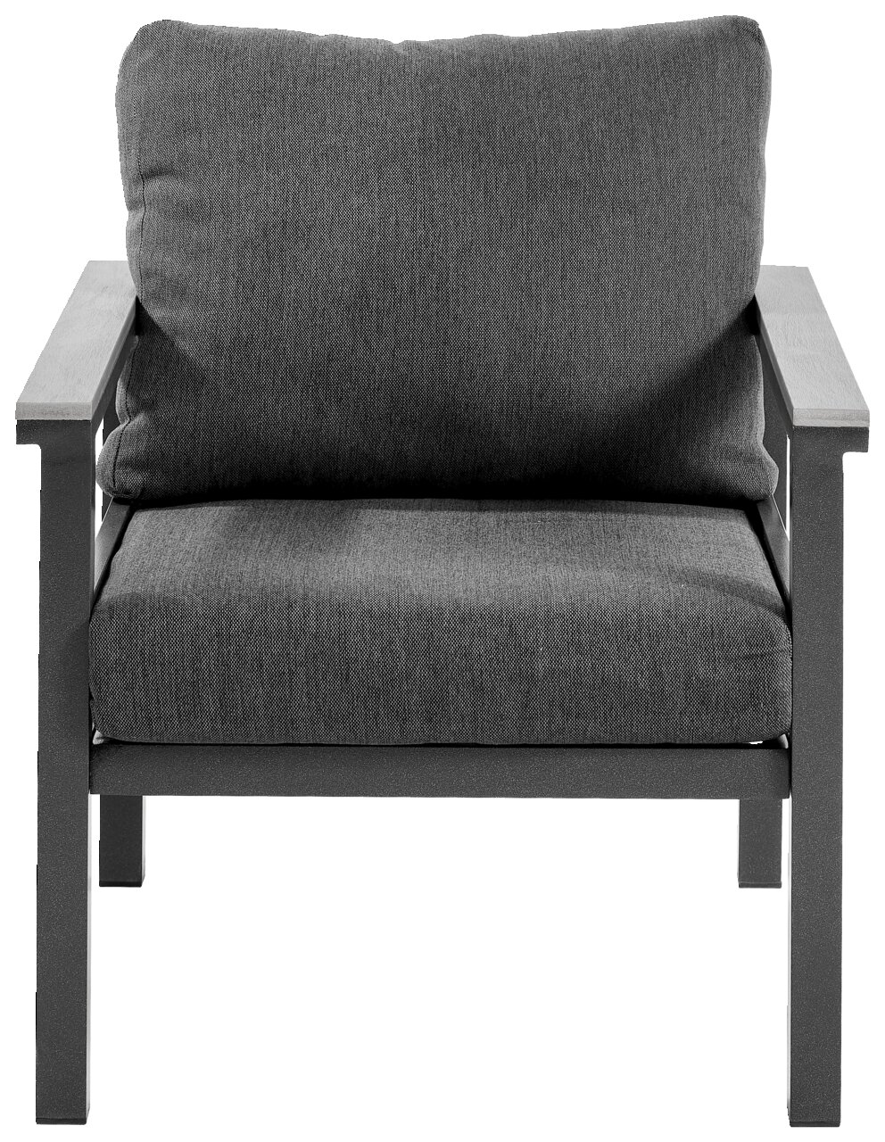 Grijze fauteuil met metalen frame, vooraanzicht