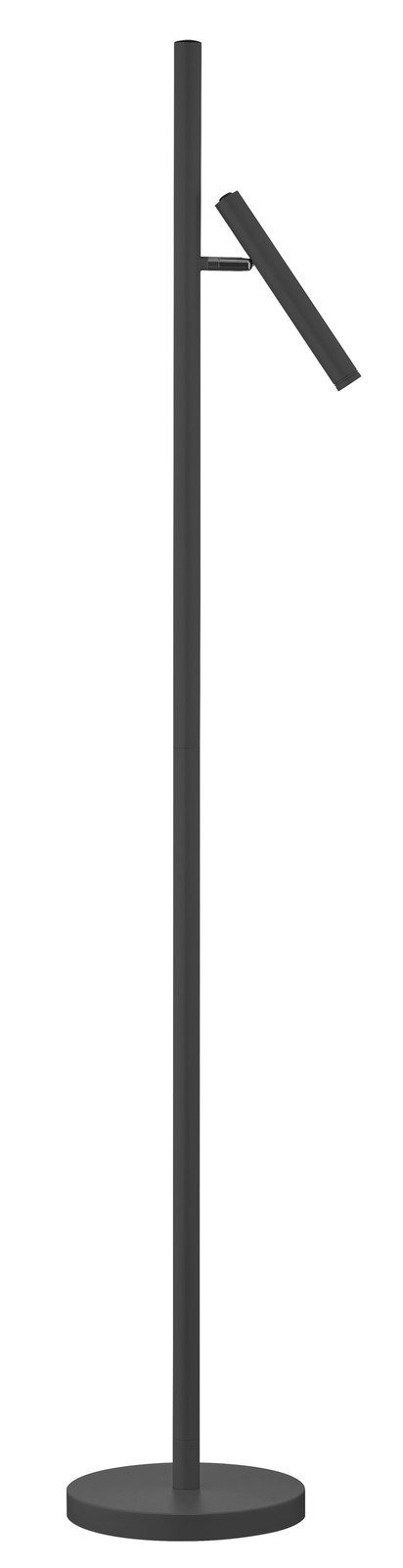 Schwarze Akku-Standleuchte STREAK in seitlicher Ansicht mit rundem Sockel und verstellbarem Leuchtarm.