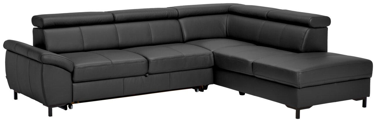 Stylife Ecksofa LENO 2.0 Eckgarnitur in dunklem Leder, perspektivisch von vorne links fotografiert.