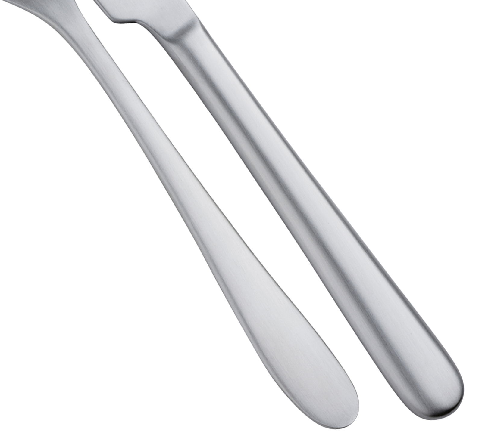 Nahaufnahme von zwei Edelstahl-Besteckteilen, Messer und Gabel, in seitlicher Perspektive.