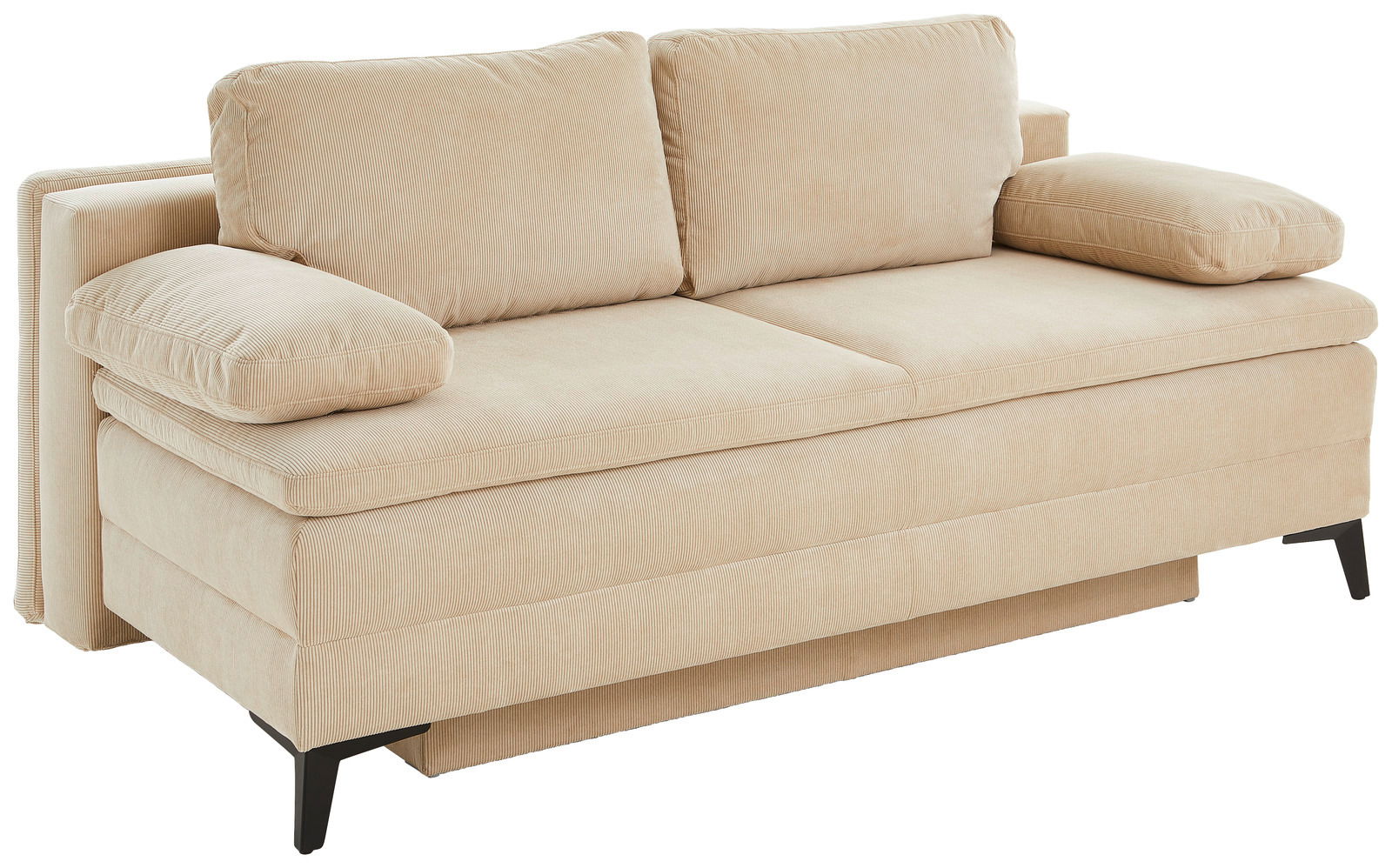 Beige Querschläfer-Sofa mit zwei großen Rückenkissen und Armlehnen, seitliche Perspektive