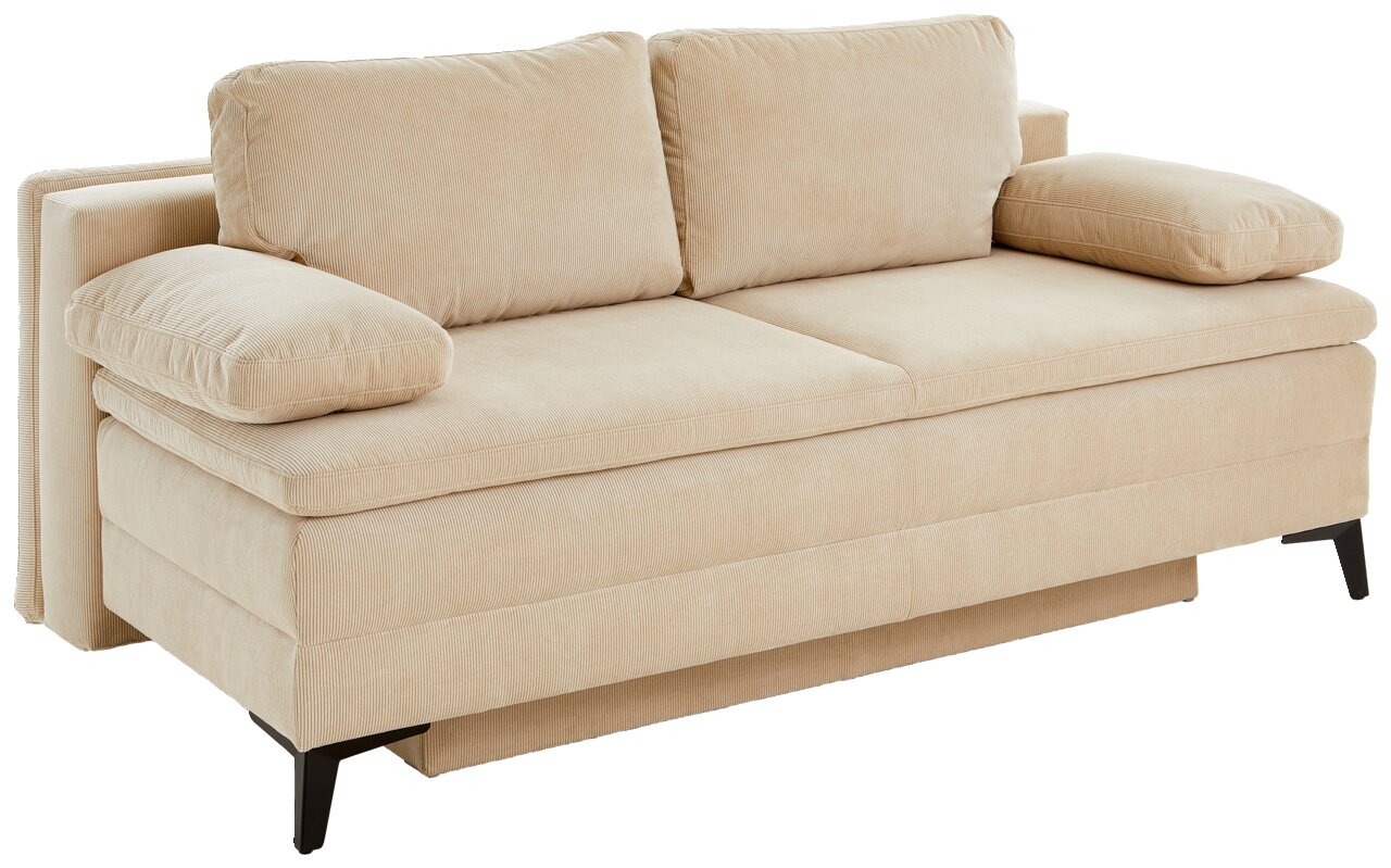 Beige Querschläfer-Sofa mit zwei großen Rückenkissen und Armlehnen, seitliche Perspektive