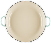 Runder emaillierter Kochtopf mit hellbeiger Innenfläche und zwei mintgrünen Griffen, Draufsicht von oben