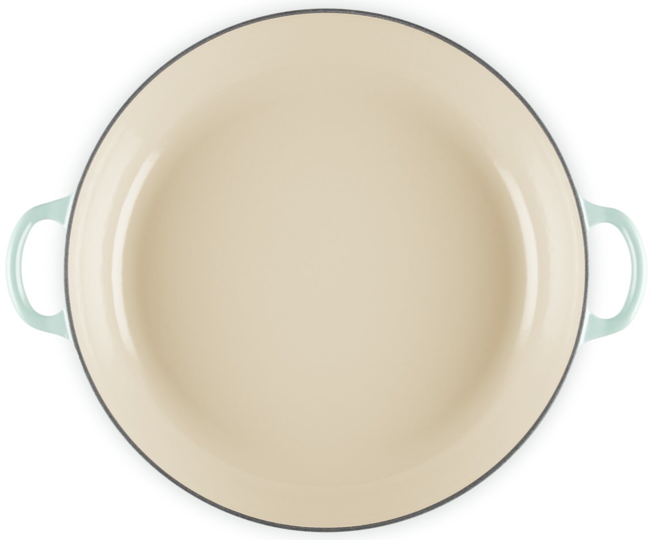 Runder emaillierter Kochtopf mit hellbeiger Innenfläche und zwei mintgrünen Griffen, Draufsicht von oben