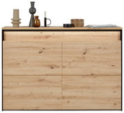 Moderner Hängeschuhschrank aus Holz mit Dekorationen auf der Oberseite, Frontalansicht