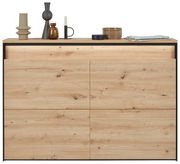 Moderner Hängeschuhschrank aus Holz mit Dekorationen auf der Oberseite, Frontalansicht