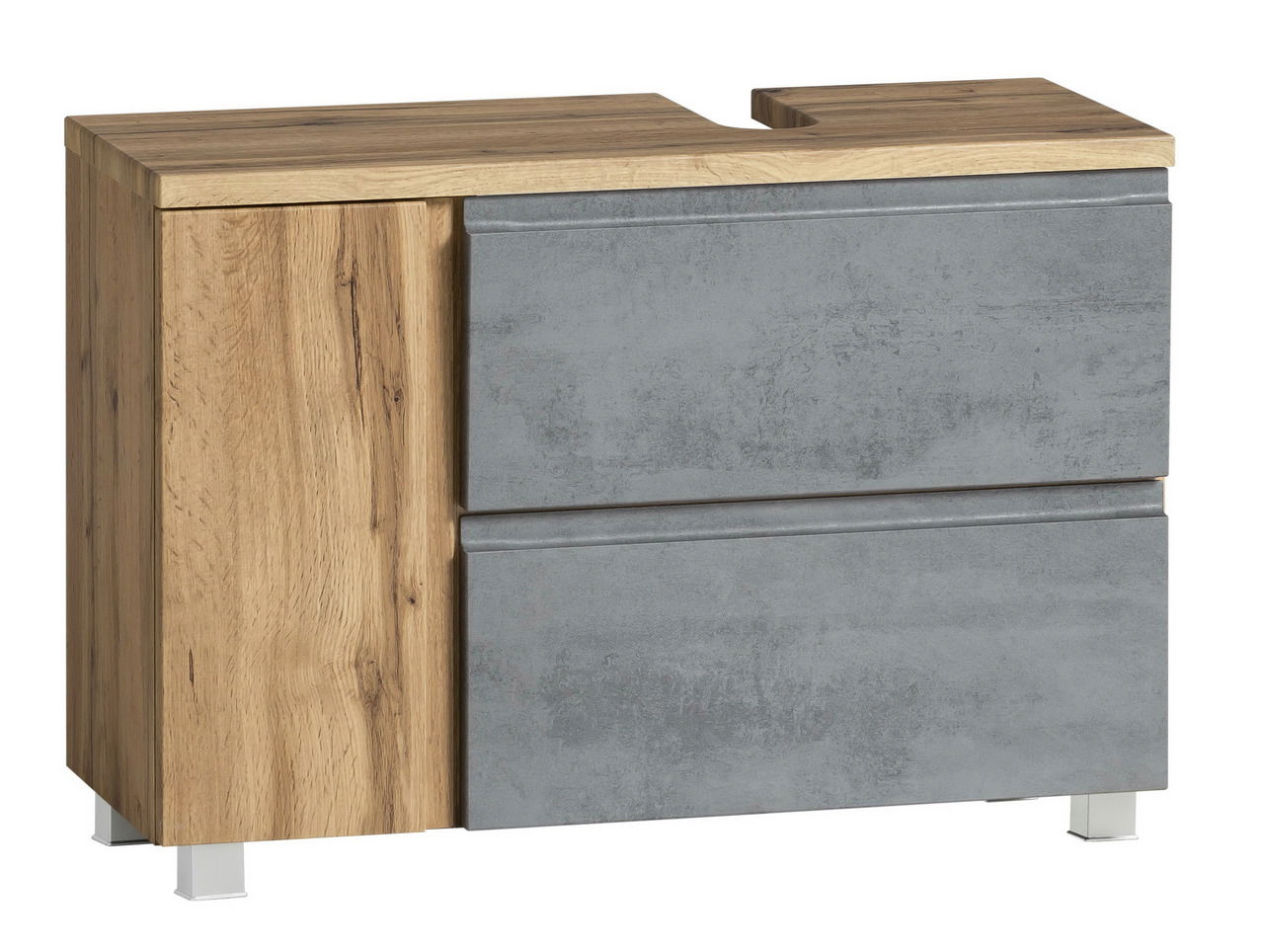 Moderner Waschbeckenunterschrank in Holzoptik mit grauen Schubladen, Perspektive von vorne rechts