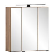 Moderner Spiegelschrank mit drei Türen und Holzrahmen, seitliche Perspektive