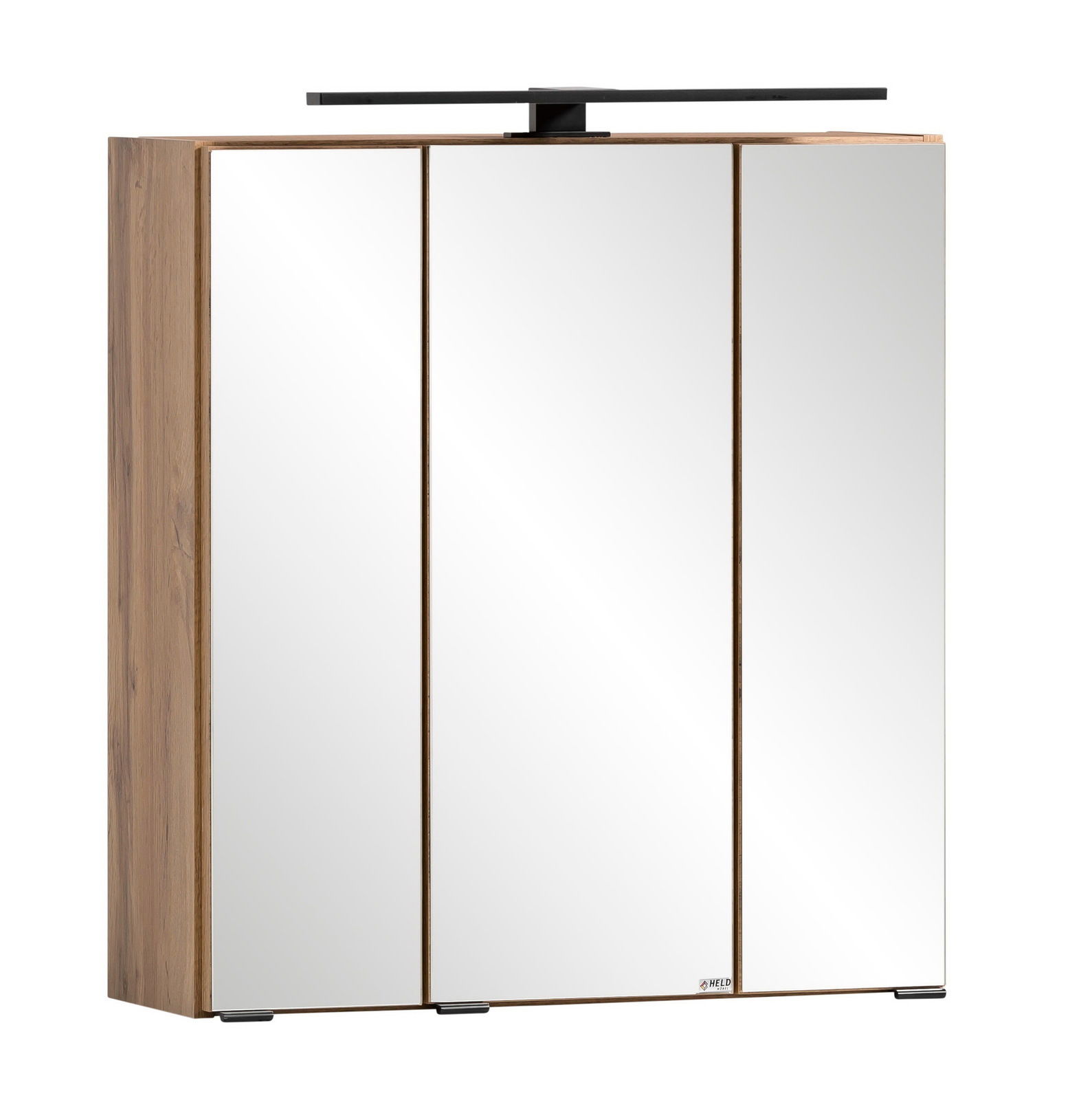 Moderner Spiegelschrank mit drei Türen und Holzrahmen, seitliche Perspektive
