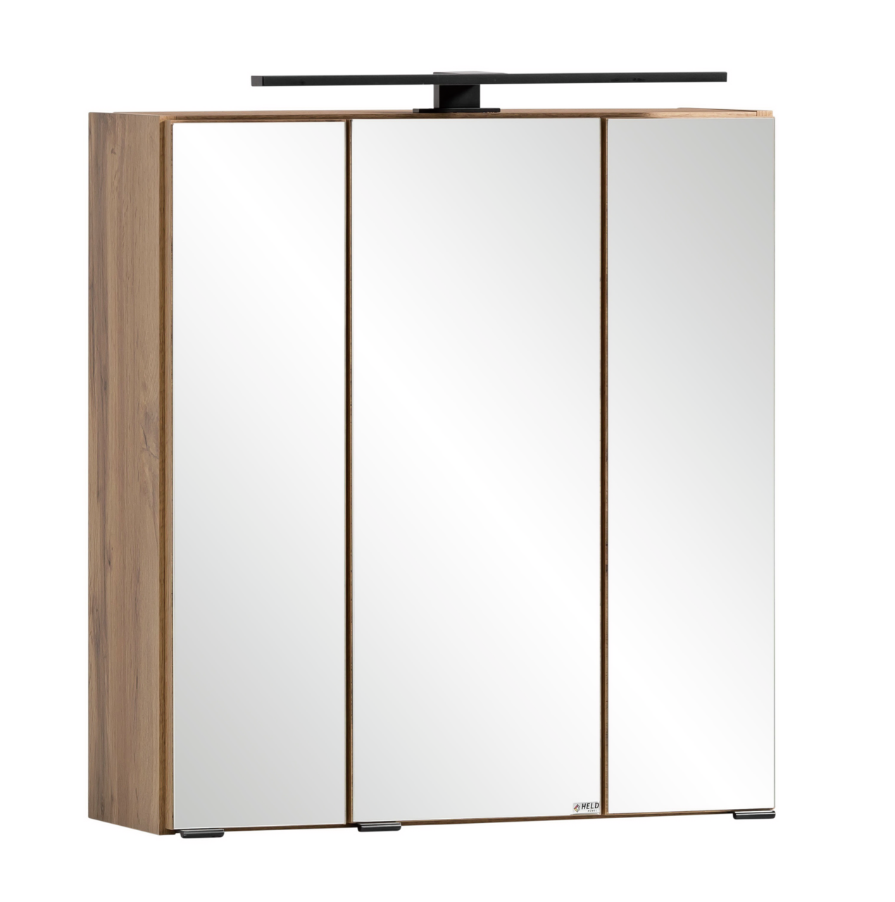 XORA Spiegelschrank MERAN Moderner Spiegelschrank mit drei Türen und Holzrahmen, seitliche Perspektive