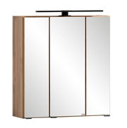 Moderner Spiegelschrank mit drei Türen und Holzrahmen, seitliche Perspektive