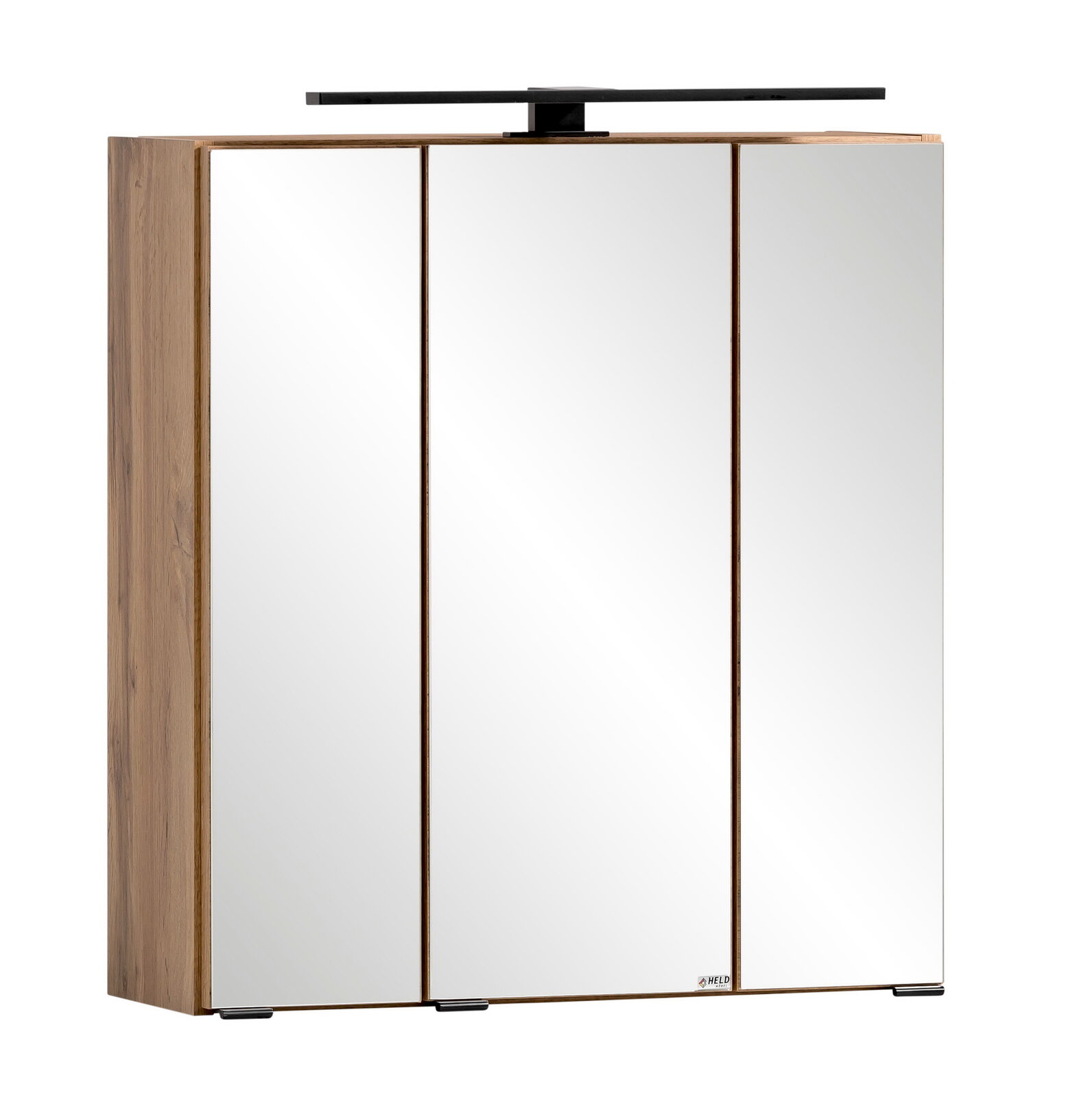 Moderner Spiegelschrank mit drei Türen und Holzrahmen, seitliche Perspektive