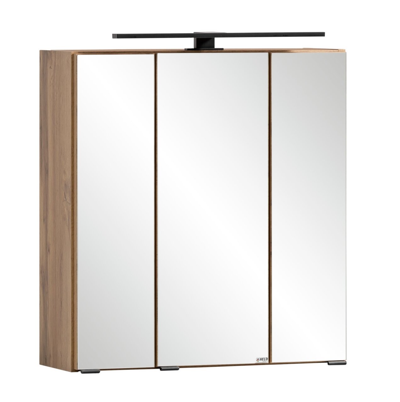 XORA Spiegelschrank MERAN Moderner Spiegelschrank mit drei Türen und Holzrahmen, seitliche Perspektive