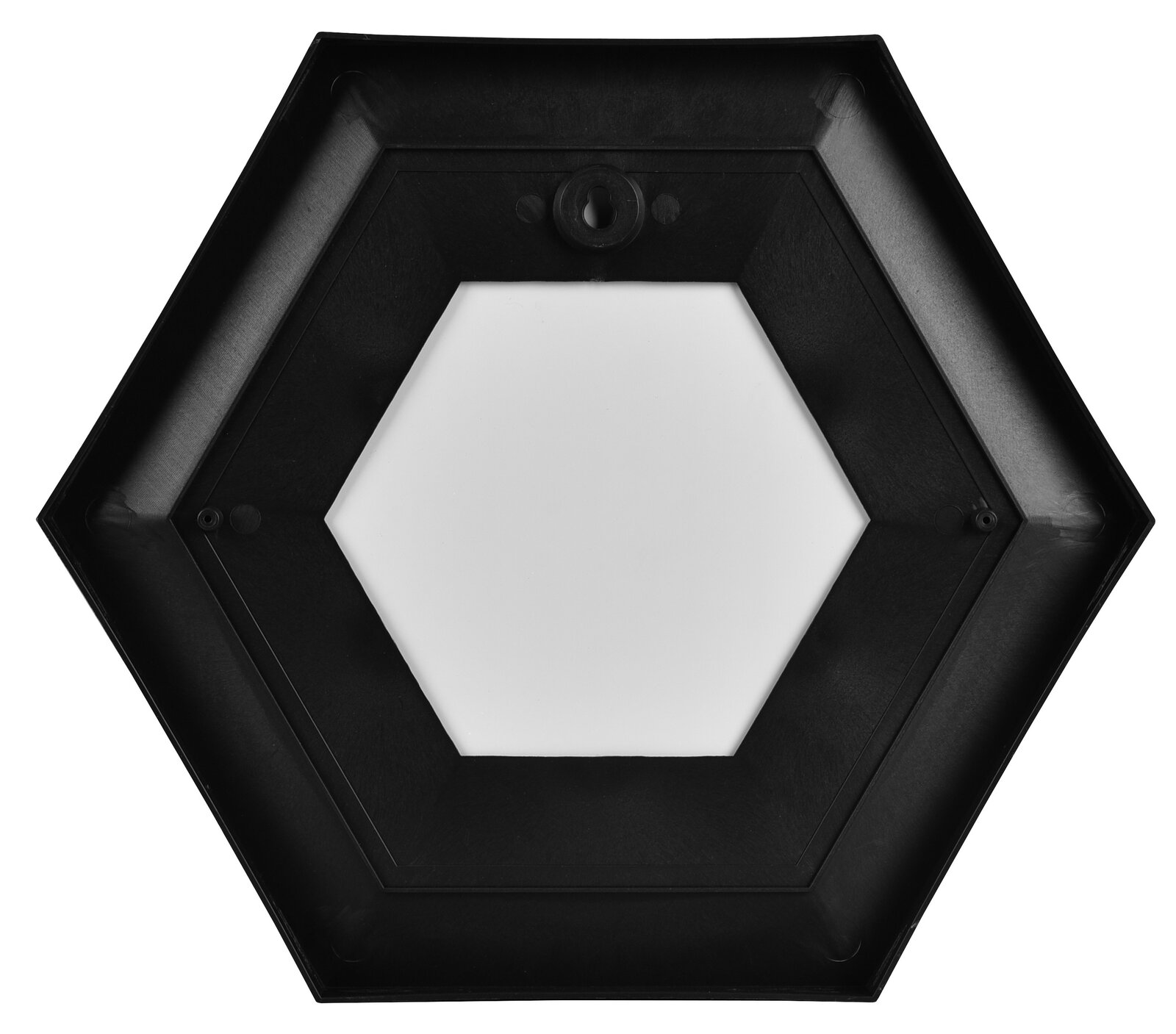 Sechseckiger Spiegel mit schwarzem Rahmen, von vorne betrachtet.