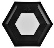 Sechseckiger Spiegel mit schwarzem Rahmen, von vorne betrachtet.