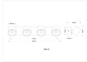 Technische Maßzeichnung einer 4-flammigen Spot-Deckenleuchte mit vier runden Leuchtenköpfen auf Schiene, Ansicht von vorne und seitlich, Maße ca. 455 mm Länge und Ø 72 mm je Spot