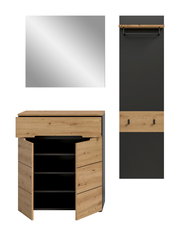 Garderoben-Set in Eiche-Optik und Schwarz mit Spiegel, Wandpaneel mit Ablage und Kleiderstange sowie Schuhschrank mit geöffneter Tür, Frontansicht