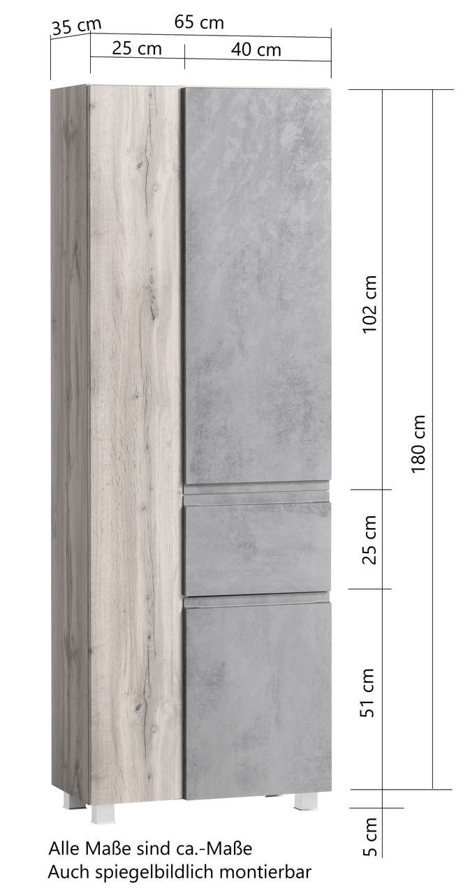 Hochschrank mit Holz- und Betonoptik, Frontansicht, Maße: 180 cm hoch, 65 cm breit, 35 cm tief