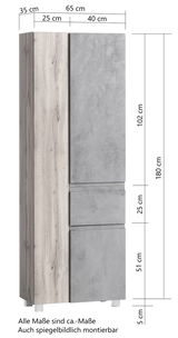 Hochschrank mit Holz- und Betonoptik, Frontansicht, Maße: 180 cm hoch, 65 cm breit, 35 cm tief
