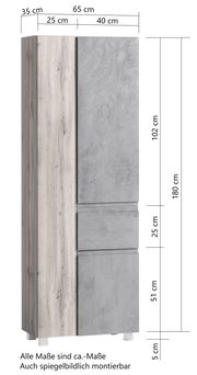 Hochschrank mit Holz- und Betonoptik, Frontansicht, Maße: 180 cm hoch, 65 cm breit, 35 cm tief