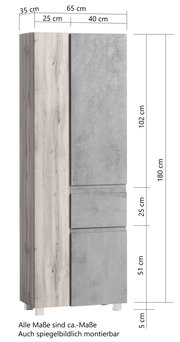 Hochschrank mit Holz- und Betonoptik, Frontansicht, Maße: 180 cm hoch, 65 cm breit, 35 cm tief
