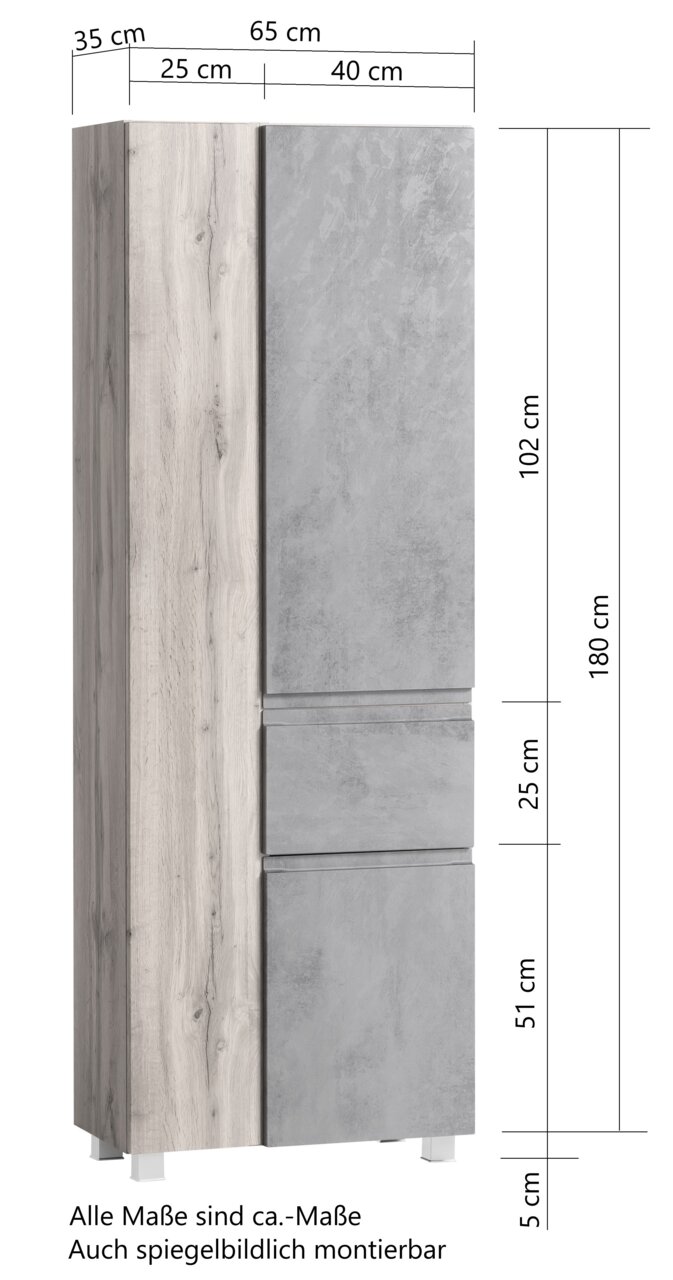 Hochschrank mit Holz- und Betonoptik, Frontansicht, Maße: 180 cm hoch, 65 cm breit, 35 cm tief