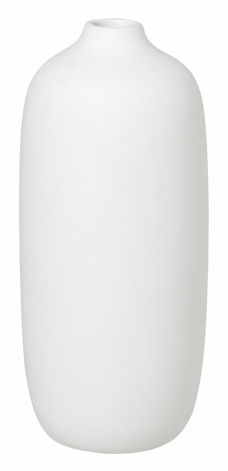 Weiße, minimalistische Vase der Blomus Vasen-Serie CEOLA, frontal abgebildet.