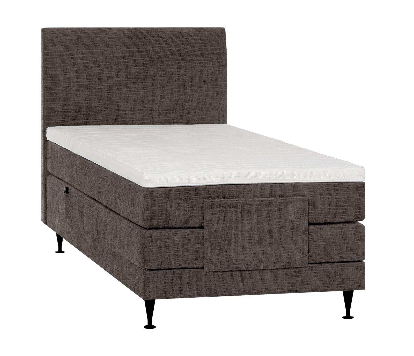 Donkergrijs gestoffeerd boxspringbed met hoog hoofdbord, wit matras en zwarte poten, gezien vanuit schuin vooraanzicht.