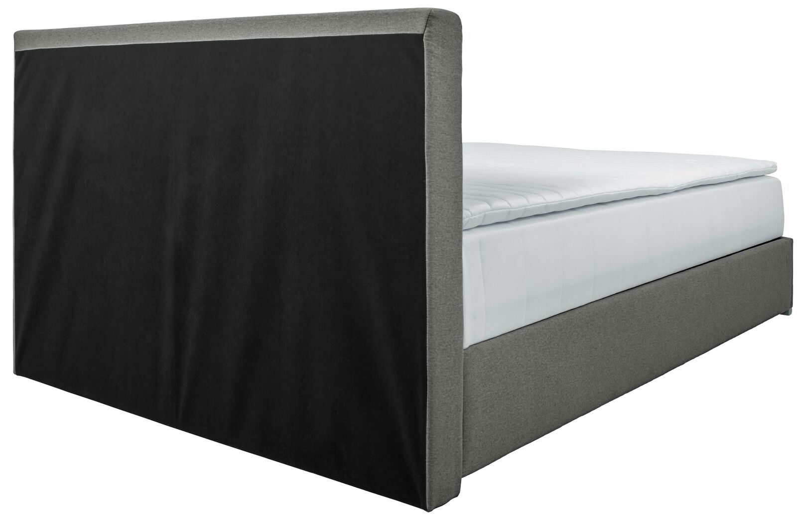 Boxbett 140 in seitlicher Perspektive mit grauem Stoffbezug und schwarzem Kopfteil.