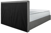 Boxbett 140 in seitlicher Perspektive mit grauem Stoffbezug und schwarzem Kopfteil.