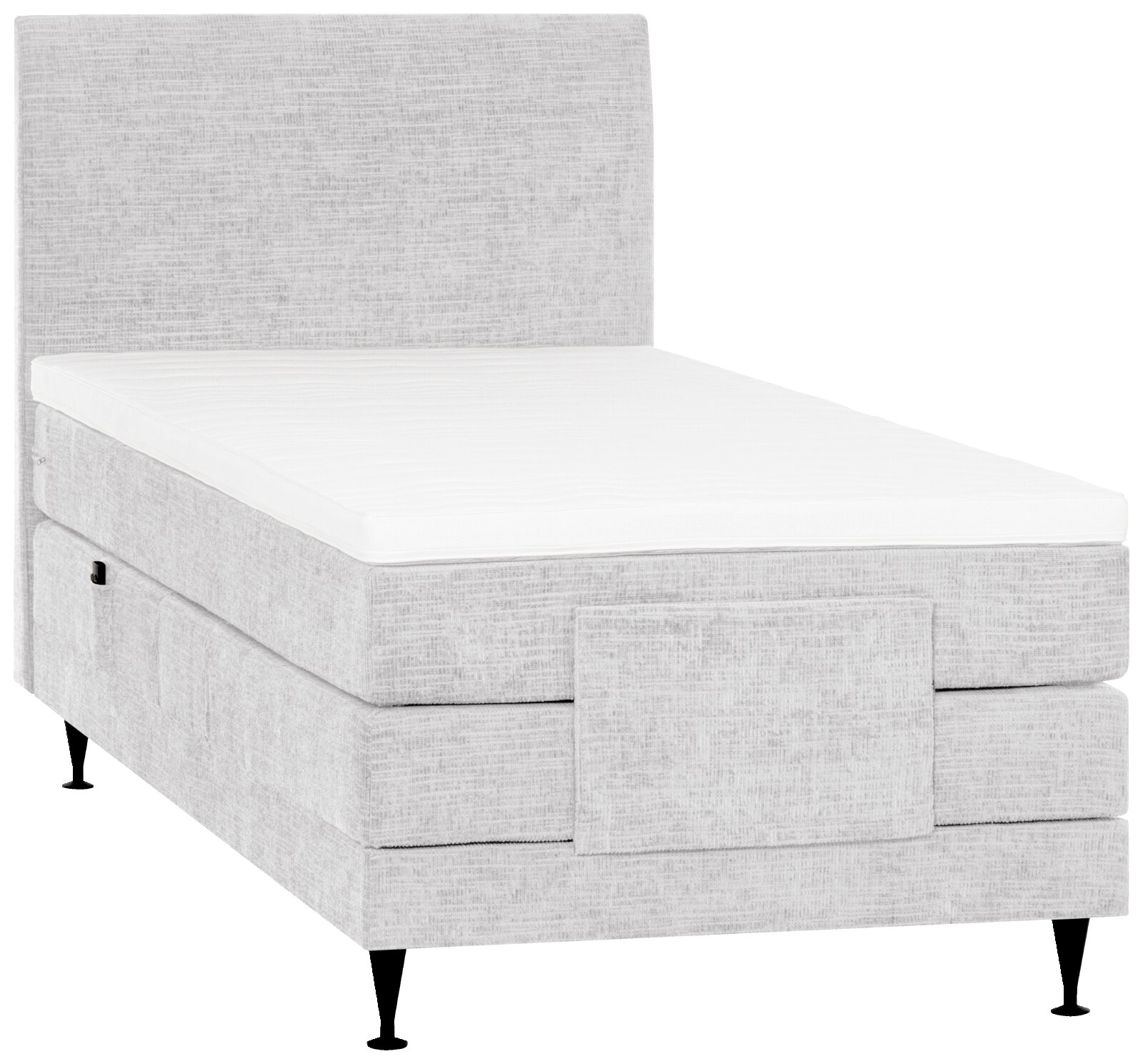 Lichtgrijs gestoffeerd boxspringbed met hoog hoofdbord, wit topmatras en zwarte poten, schuin van voren weergegeven