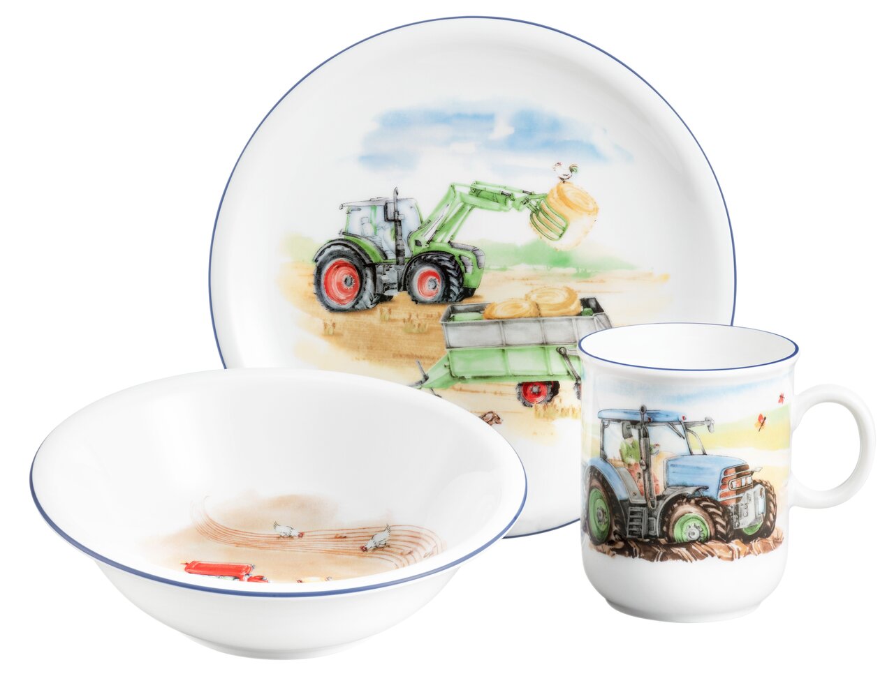 Servies set voor kinderen met tractor-motief, bestaande uit een bord, een kom en een kopje, gefotografeerd vanaf de voorkant