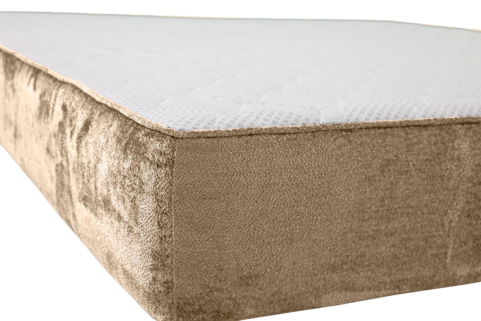 Close-up van een gestoffeerd bedframe in beige, zijaanzicht