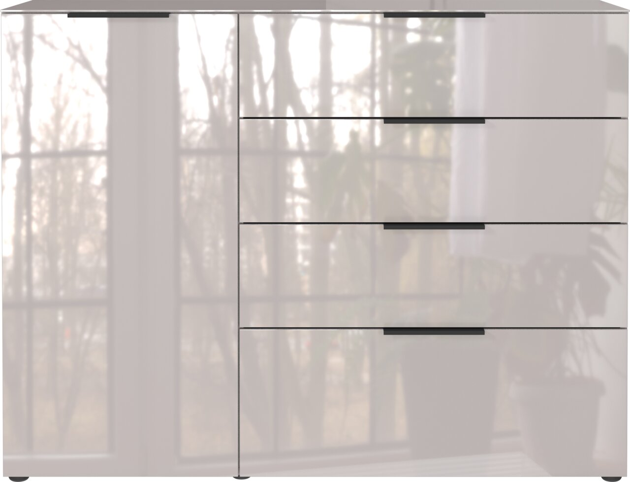 Modernes Sideboard mit Hochglanzoberfläche, vier Schubladen und einer Tür, frontale Ansicht.