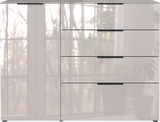 Modernes Sideboard mit Hochglanzoberfläche, vier Schubladen und einer Tür, frontale Ansicht.
