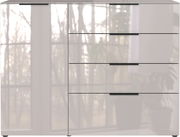 Modernes Sideboard mit Hochglanzoberfläche, vier Schubladen und einer Tür, frontale Ansicht.