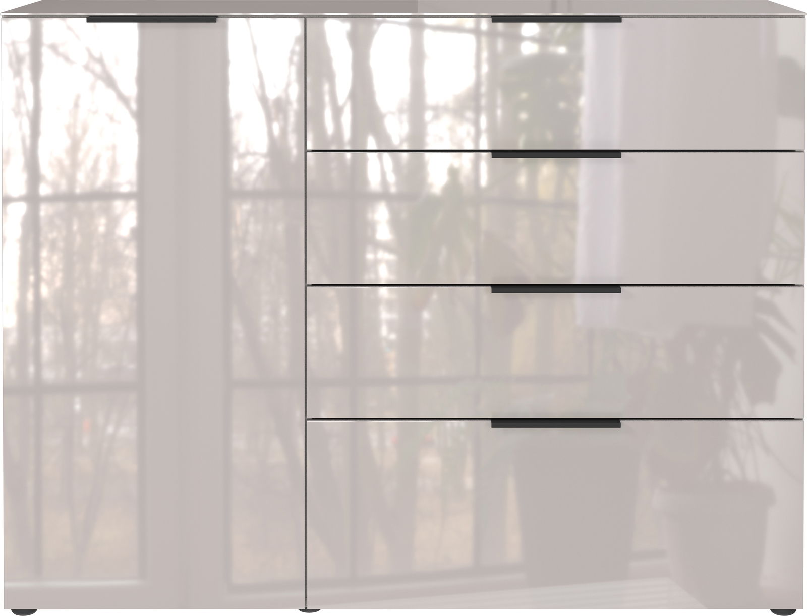 Modernes Sideboard mit Hochglanzoberfläche, vier Schubladen und einer Tür, frontale Ansicht.