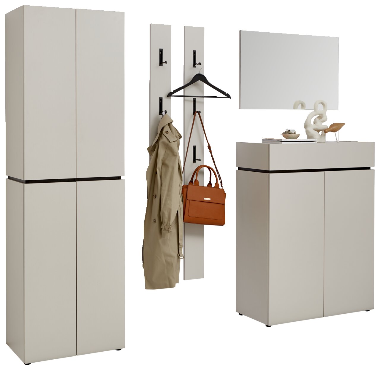 Garderobenschrank-Set in modernem Design, bestehend aus einem hohen Schrank, zwei Wandpaneelen mit Haken, einem Spiegel und einem niedrigen Schrank, frontal betrachtet.